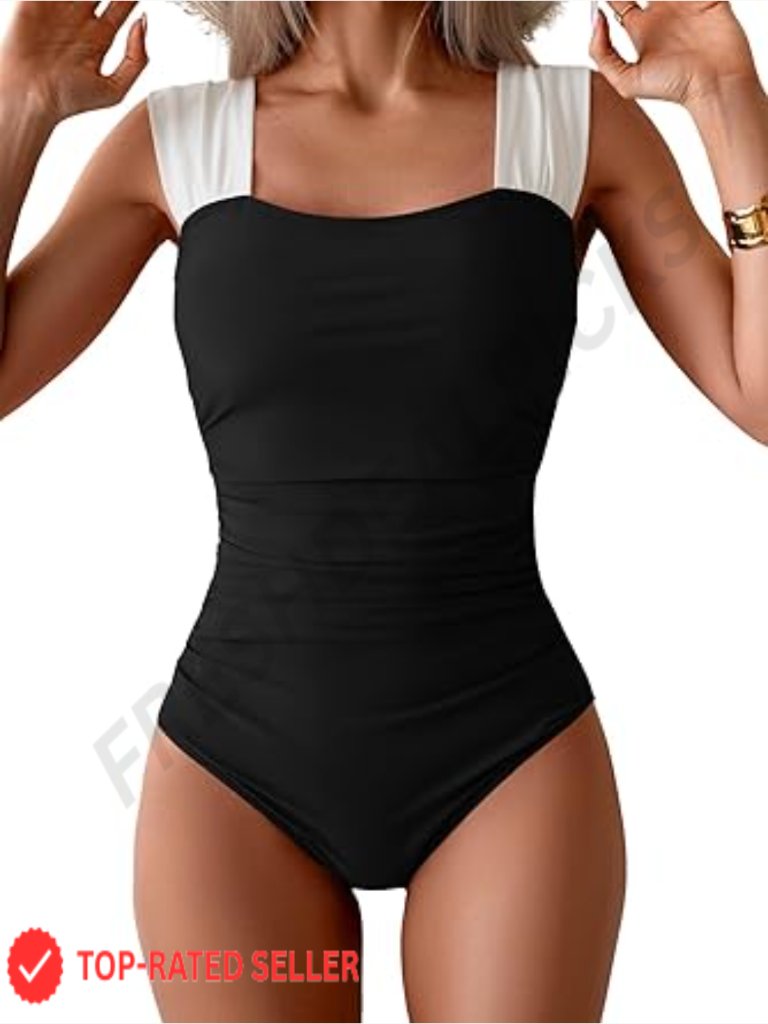 Retro Square Neck One Piece Swimsuit Ruched Tummy Control Full Coverage Swimwear